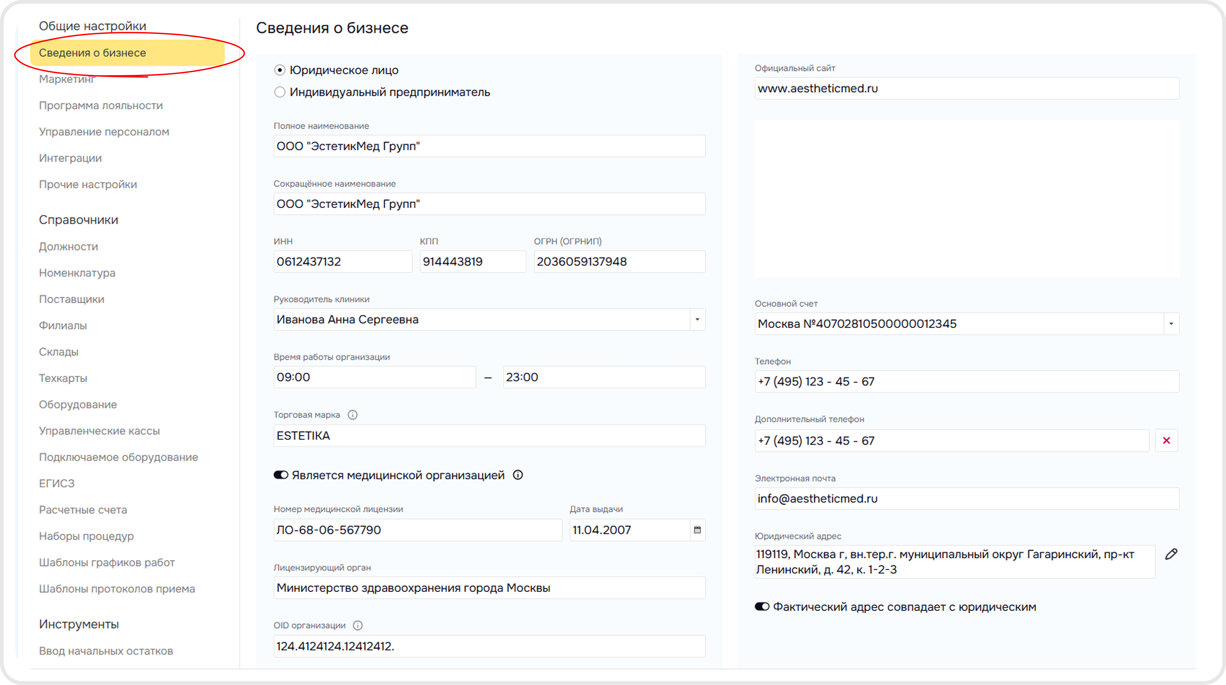 Экран заполнения основной информации о компании в Aurumline.