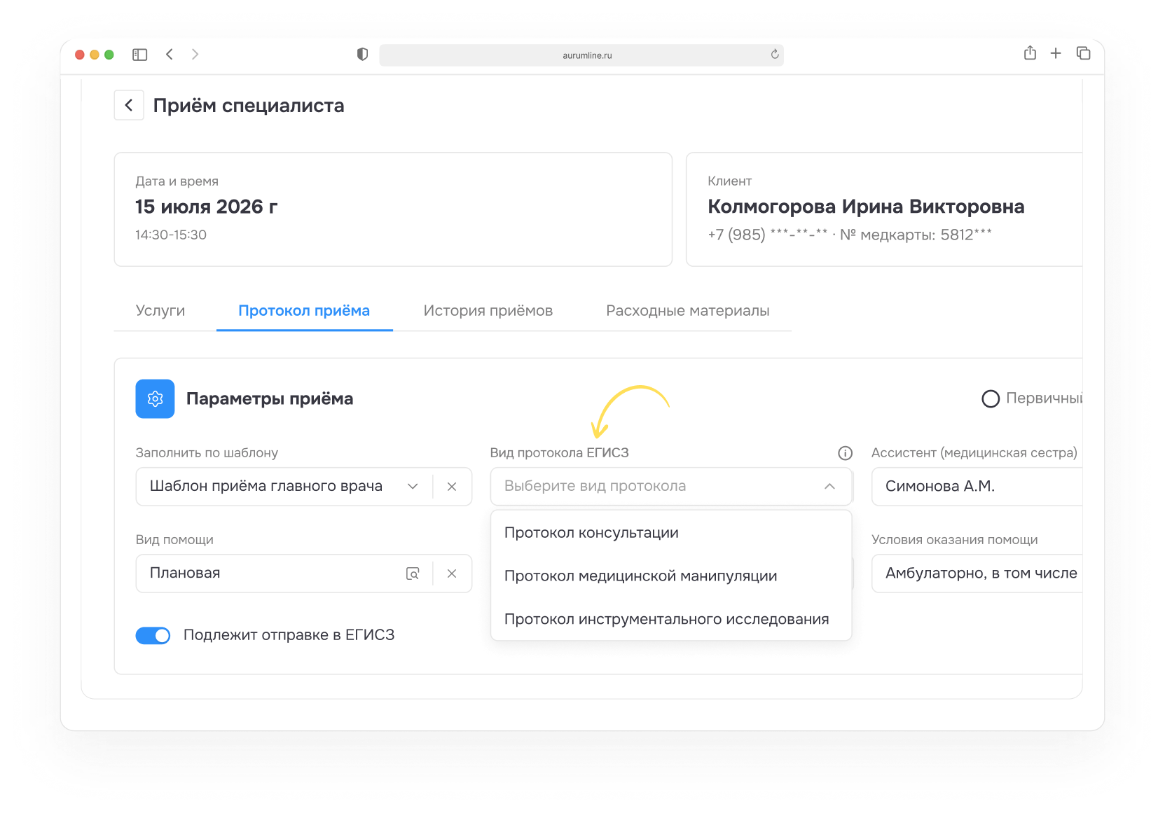 Выбор вида электронного протокола для отправки в ЕГИСЗ